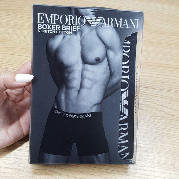 EMPORIO ARMANI Mens Boxer Briefs Medium Black Cotton Stretch Logo - Picture 1 of 5